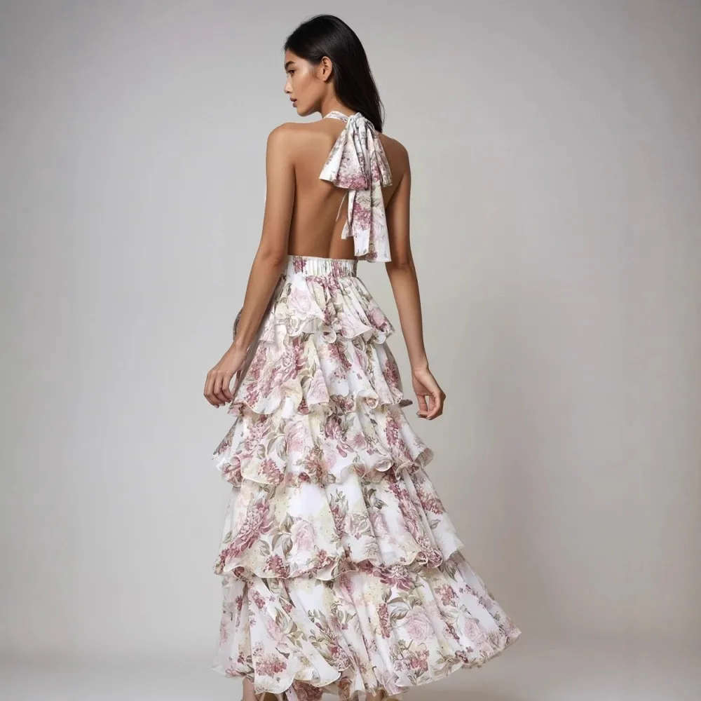 Faionable Sexy v-ne multicouche imprimé femmes Dr printemps 2025 Svel taille haute imprimé jupe tenue décontracté