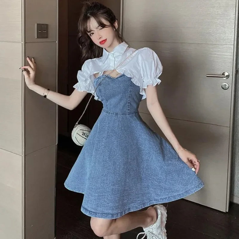 Women's Set Spring/Summer New Bubble Sleeves Short Shirt Slim fit denim camisole dress two-piece set ins