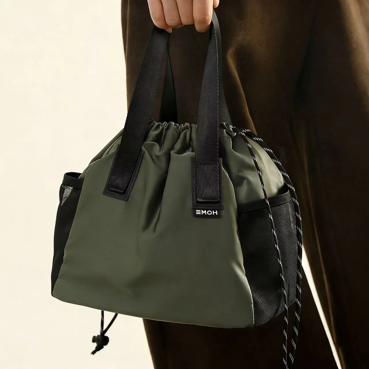 Canvas Drawstring Insulation Big Belly Gulp Lunch Bag with Side Mesh Pocket Wide Handle Design Storage Bags for Work Camping BBQ