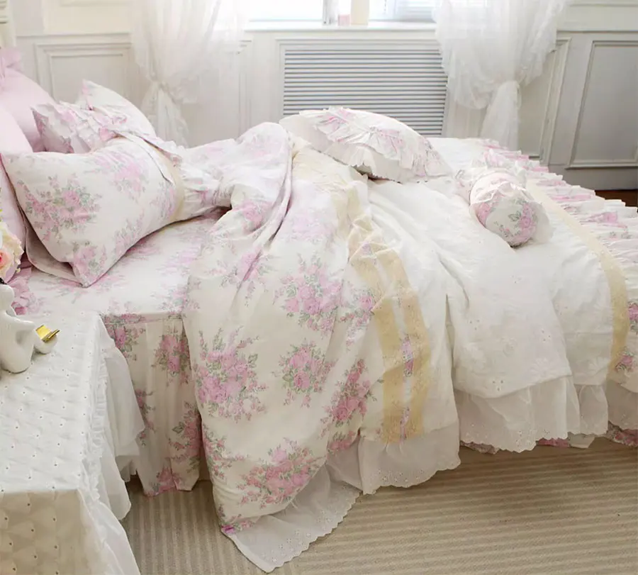 Romantic fairyfair lace pink floral bedding set,full queen king cute sweet cotton home textile bedspread pillow case quilt cover