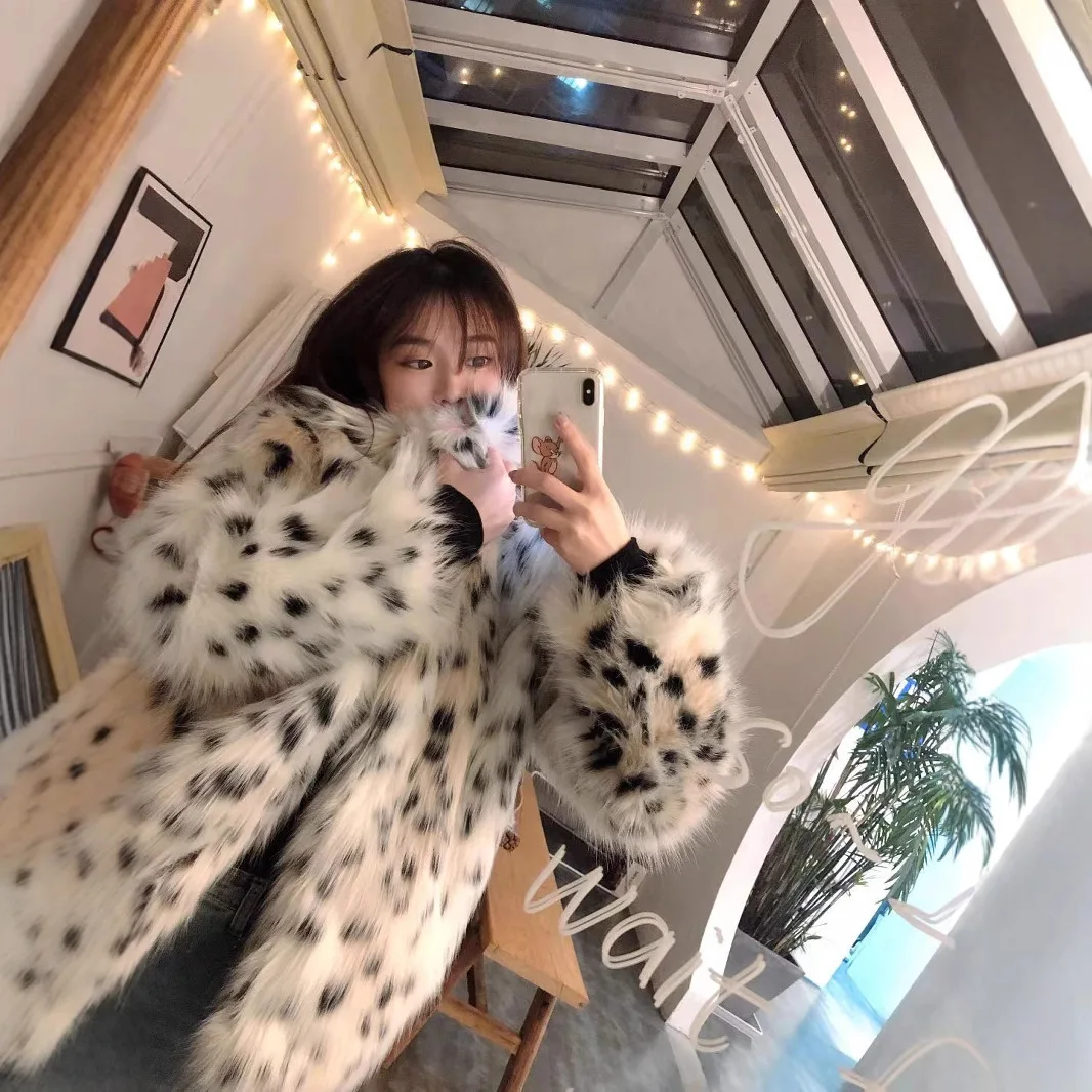 Chic Winter Women Mink Fur Jacket Leopard Print Furry Collar Artificial Fur Outwear For Lady Slouchy Long Hair Female Fur Coat
