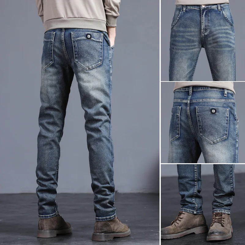 2023 New Autumn Winter Men's Jeans Vintage Blue Solid Color Elastic Classic Jeans Men Slim Fashion Denim Trousers Male 27-38