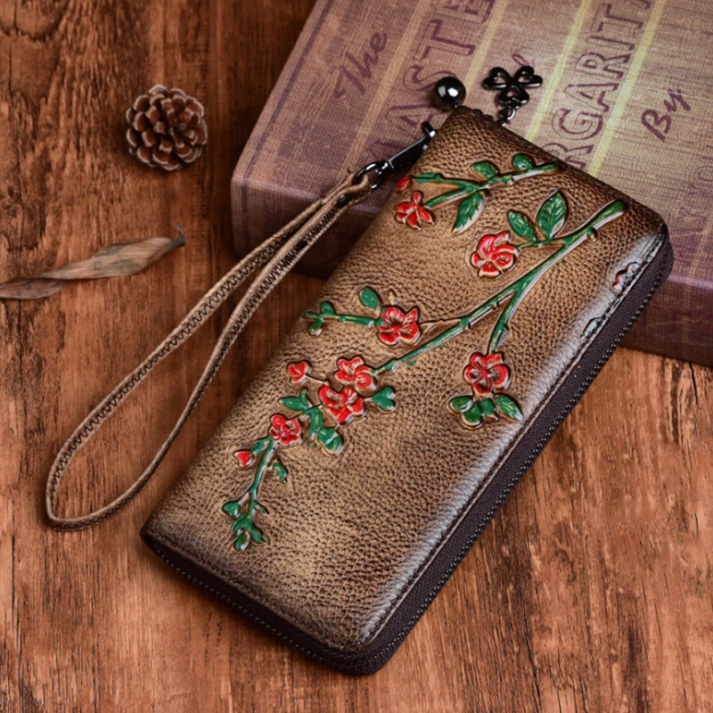 Billeteras Vintage con relieve para mujer, cartera larga con cremallera, monedero, tarjetero, bolso de mano de cuero genuino