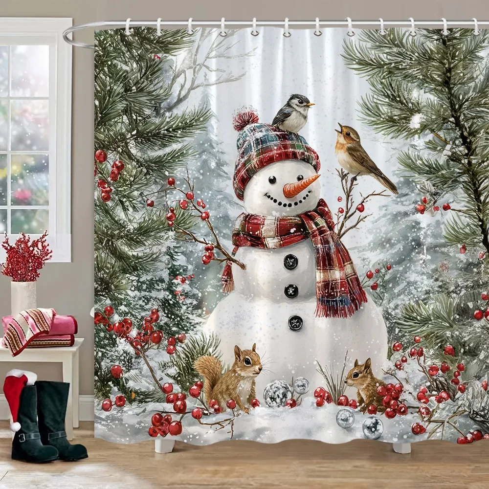 Christmas Cute Snowman Shower Curtain Christmas Tree Snow Scene Red Bird Christmas Gift Shower Curtain Bathroom Decor with Hooks