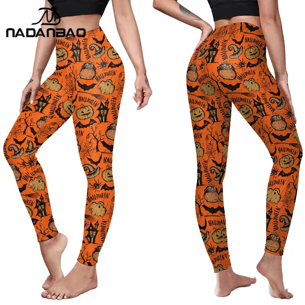 

Nadanbao Women's Pants Halloween Orange Cucumber Ghost 3D Print Leggings Mid Waist Elastic Fitness Workout Trousers Female