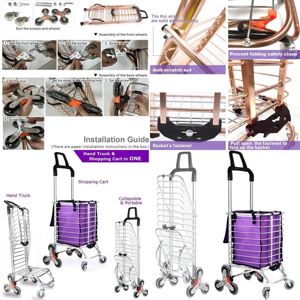 

2-in-1 Stair-Climbing Grocery Cart and Hand Trolley with 35L Waterproof Bin, Elastic Cord for Large Items, Laundry, Camping, and
