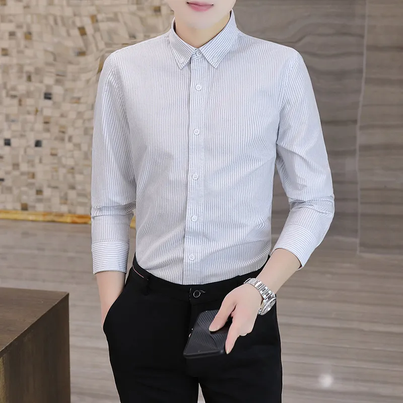 

High Quality Men's Long Sleeve Shirt Spring Business Casual Fashion Classic Striped Top for Young Men Breathable Cotton 100%