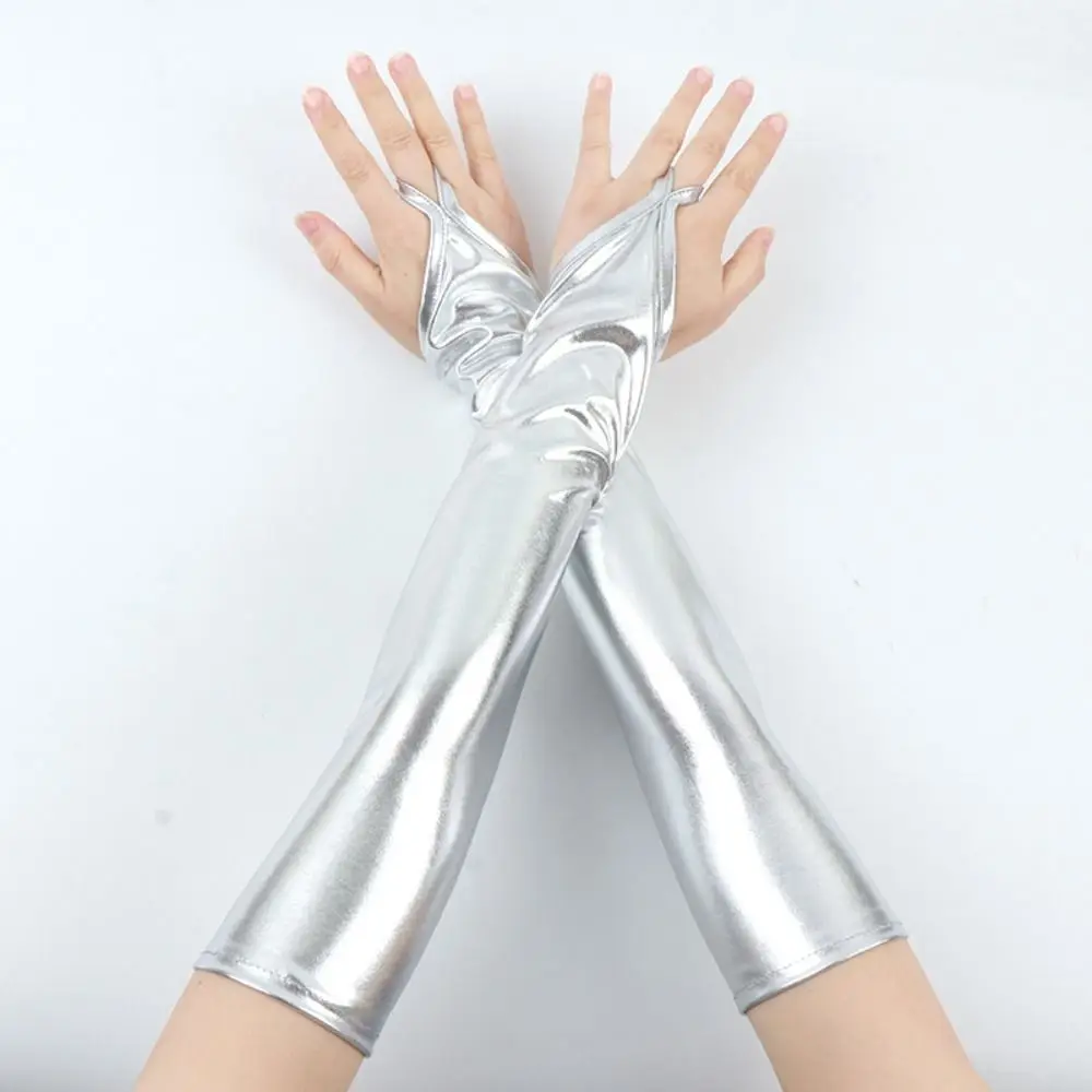 Slim Elastic Hook Finger Long Gloves Cloth Elbow Long Patent Leather Black Gloves Shiny Punk Women Gloves Nightclub
