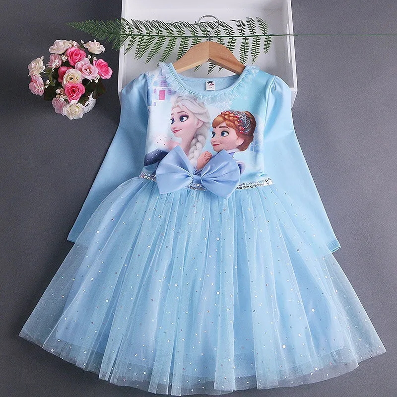 2024 Disney Girls Dress Long-sleeved Frozen Princess Dress for Children Gauze Pink Kids Dress  Elsa Anna Birthday Party Clothes