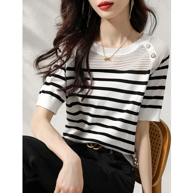 Fashion O-Neck Knitted Spliced All-match Striped Blouse Female Clothing 2023 Summer New Casual Pullovers Tops Loose Korean Shirt