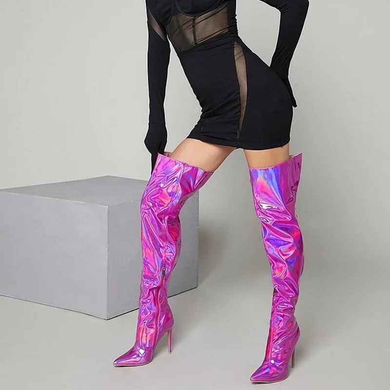 Purple Fluorescent Thigh High Boots Hologram Iridescent Pointed Toe Wide Calf Stiletto High Heels Winter Tall Boots