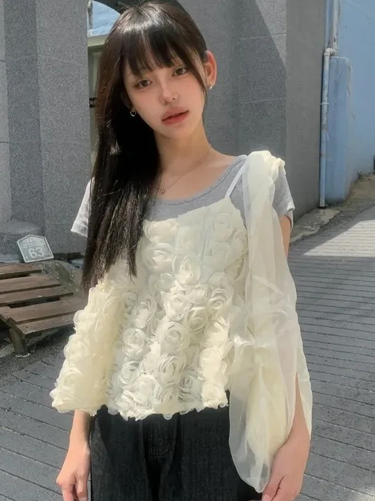 

Faionable 3D Floral Strap Vest Women's Summer Outdoor Wear Layered Design ort Sli Versatile Svel Top