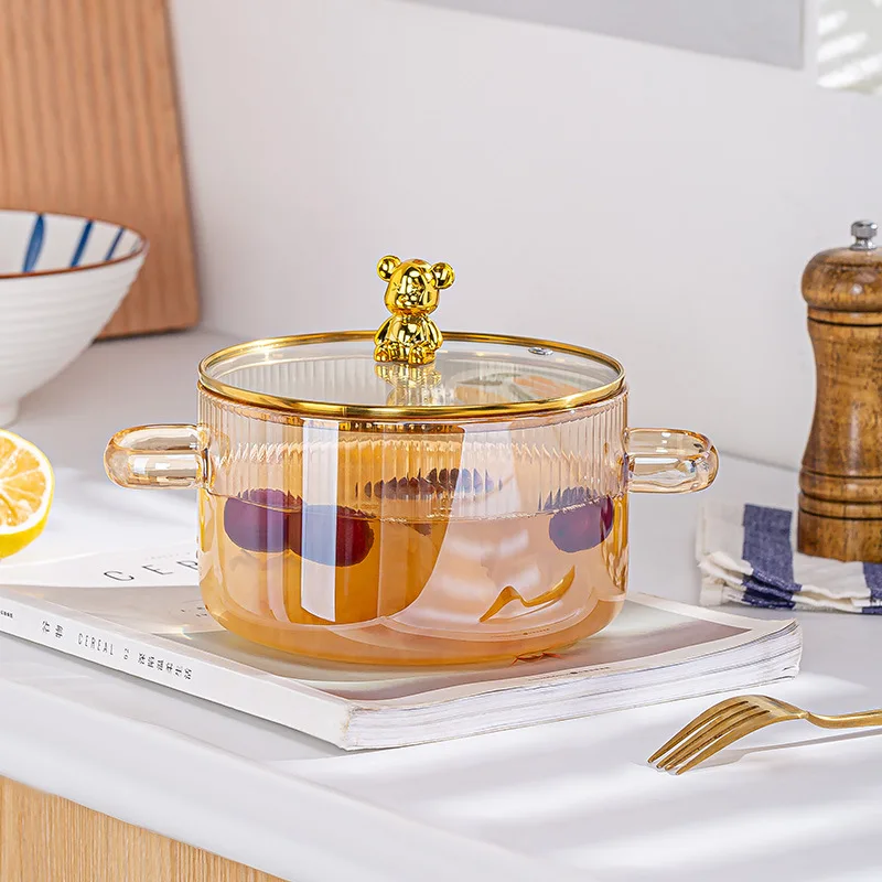 1.6L Creative Teddy Bear Double Ear Soup Pot, Striped Glass Health Pot, High Temperature Resistant Heatable Instant Noodle Bowl
