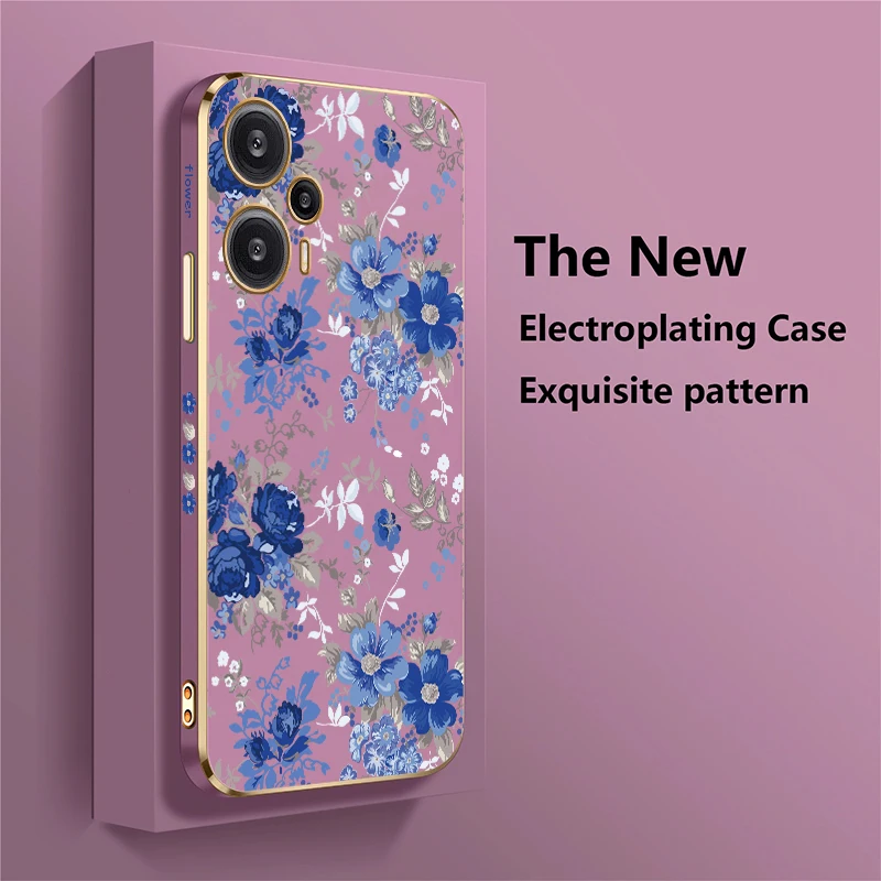 Flower Print Phone Case For Xiaomi Poco F6 Pro F 6 F5 F3 C40 C31 Silicone Shockproof Plating Lens Protection Soft TPU Cover