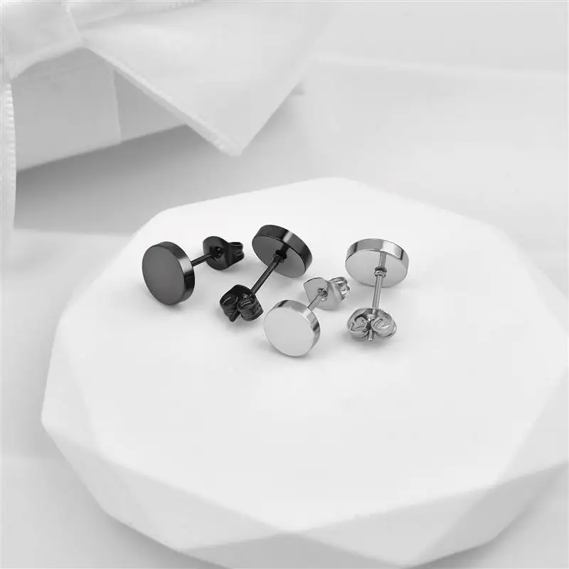 1Pair Stainless Steel Round Black Ear Studs Men 3-8mm Punk Stud Earring For Men Push Back Stud Earring For Women Jewelry