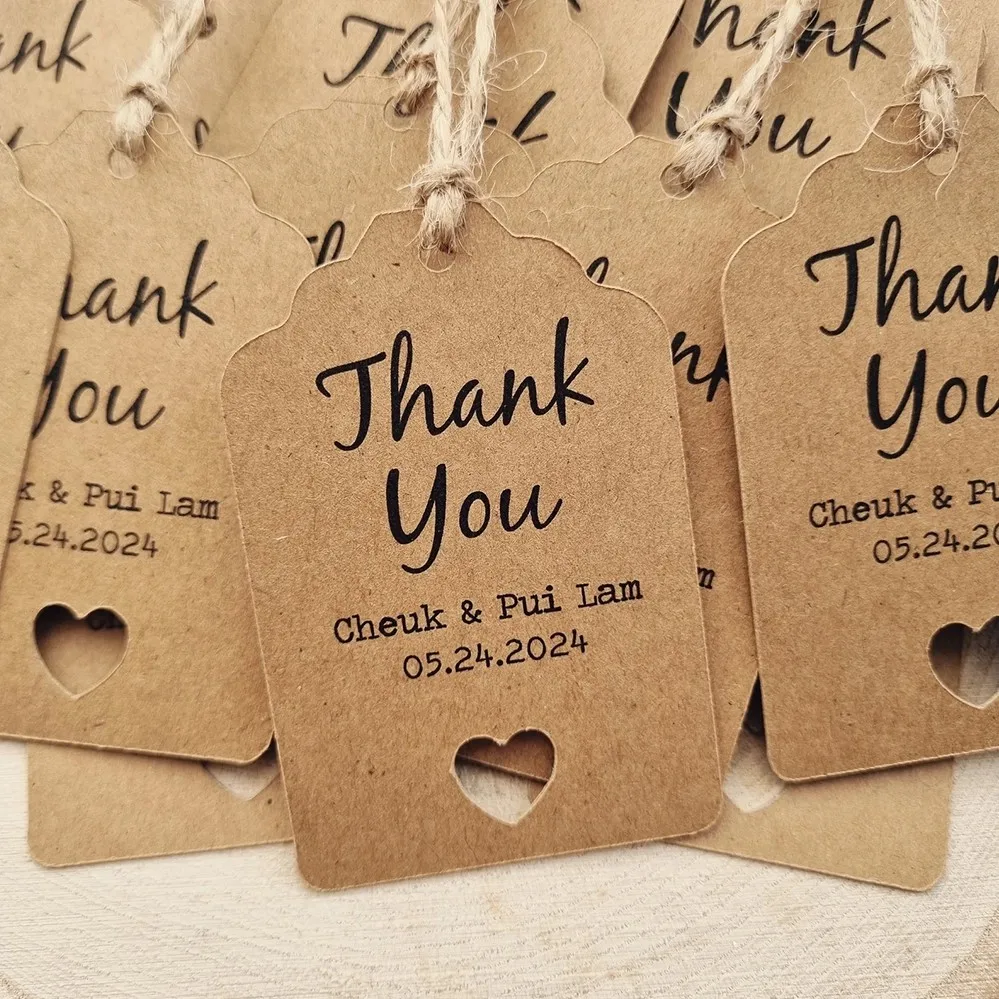 Personalised Rustic Boho Simple Thank You Wedding Tag Scallop Kraft Tags for Little Bottles With Twine