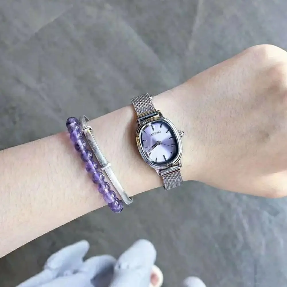 Reloj de mujer con esfera ovalada simple, relojes de pulsera de cuarzo de acero inoxidable para mujer, color verde y morado, regalos