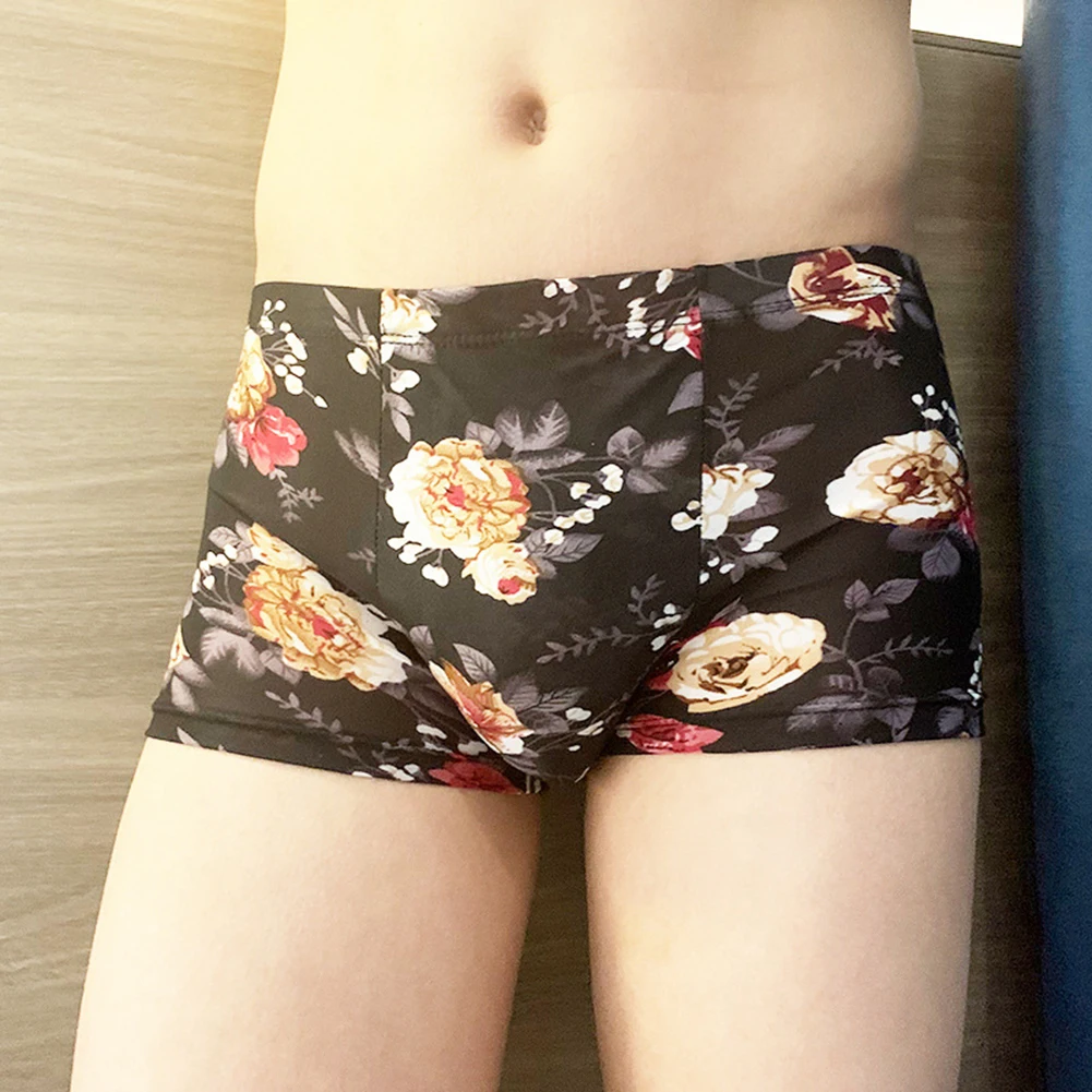 Calzoncillos Boxer para hombre, ropa interior cómoda de verano e invierno con estampado de bolsa de seda helada, pantalones cortos sexis sin costuras de secado rápido