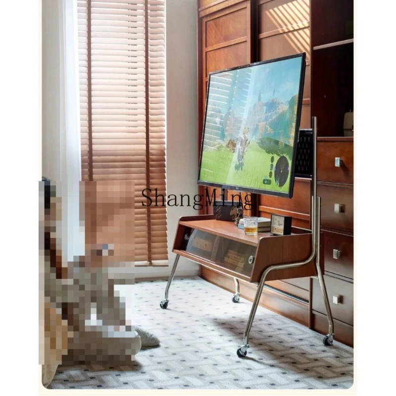 SM retro solid wood mobile TV rack, living room bedroom floor-to-ceiling mobile monitor TV rack