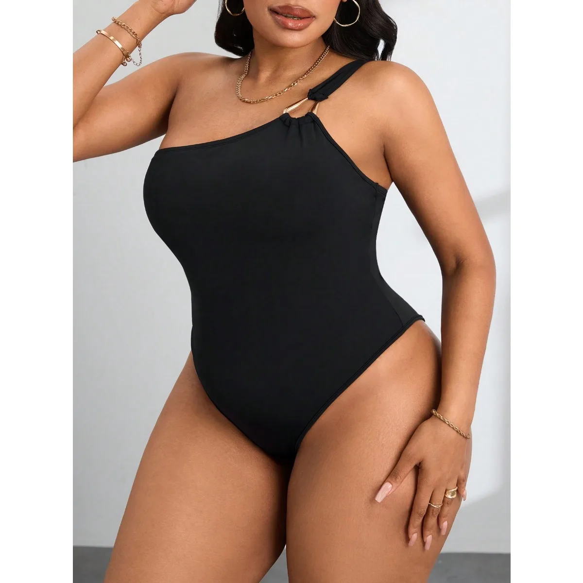Kombinezon damski plus size, seksowny, z jednym ramieniem, złotym pierścieniem, jednolity kolor, spodnie modelujące talię, wyszczuplający, jednoczęściowy.