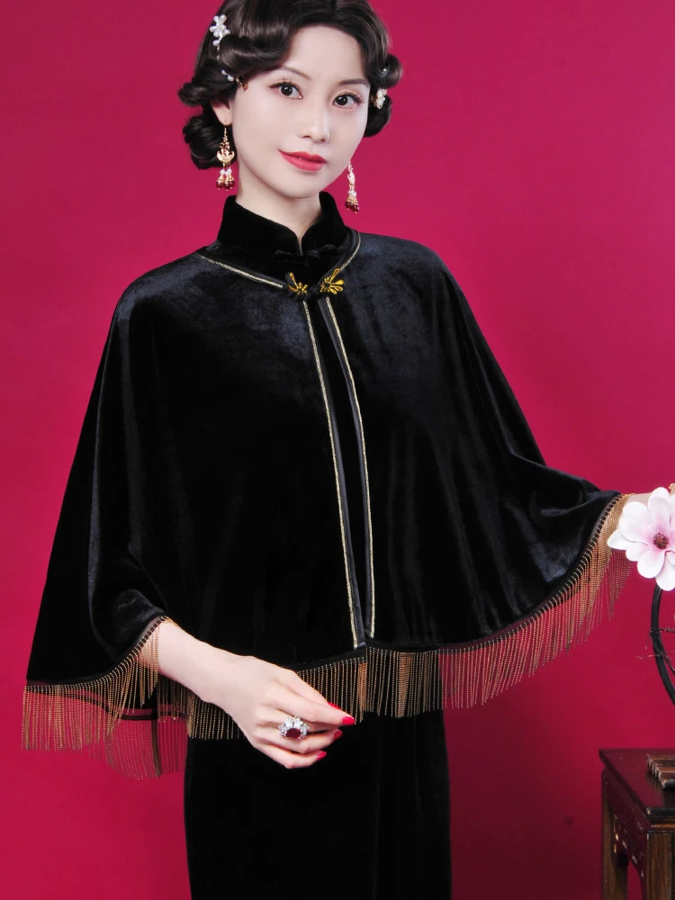 Women Zizith Shawls Gold Velvet Paired Cape Cheongsam Cappa Draped Cloak Loose Fitting Shawl Cheongsam Wraps Fringed Shawl Coat