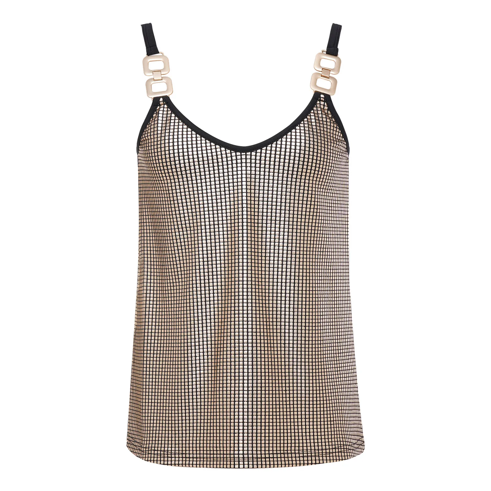 

Womens Metallic Shiny Sequin Camisole Top Shoulder Straps with Metal Buckle Detail Sleeveless Sling Vest Tank Top for Daily Wear