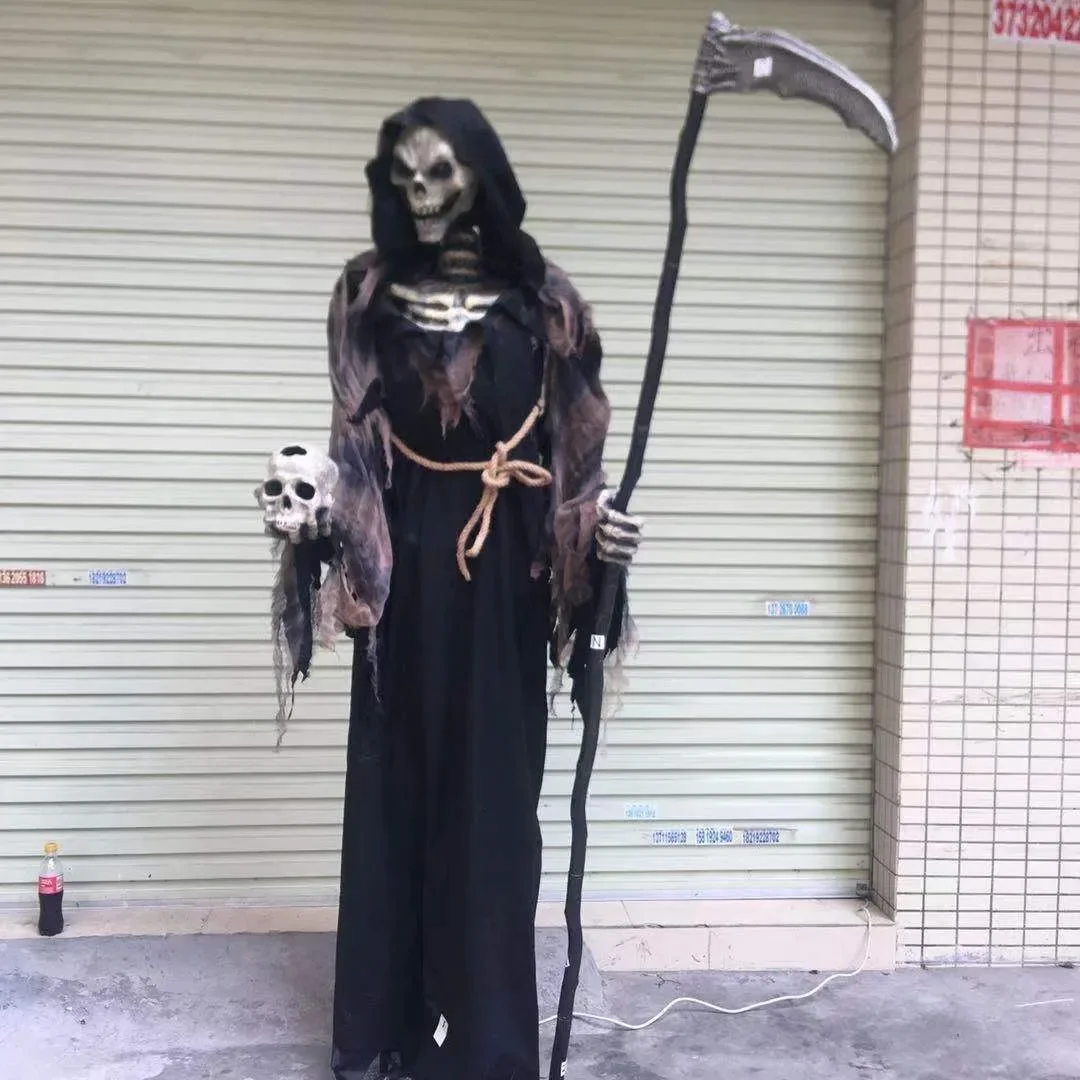 

Halloween Wrought Iron Electric Grim Reaper Several Sickle Station Big Ghost Horror Night Light Sound and Action Scene Props