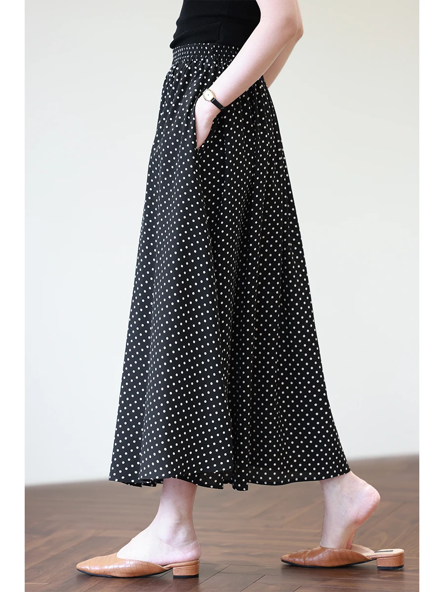 

High Waist Silk f Skirt Vintage Bla White Polka Dot Full A-Line Silhouette Tea Break Skirt Breathable Skin-Friendly Casu...