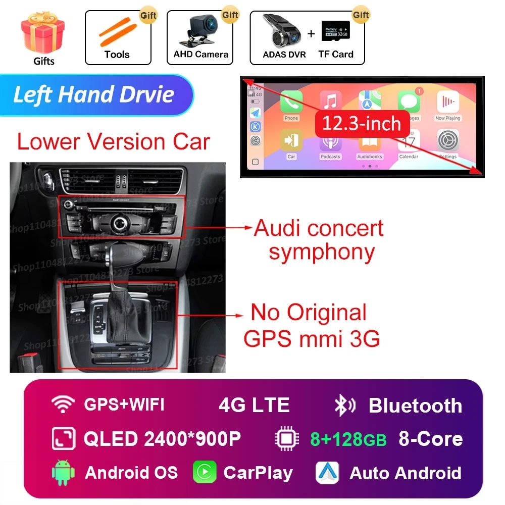 Linkerhand Drvie voor Audi A4 B8 A5 2009-2016 Autoradio Videospeler Android 16 Carplay Navigatie GPS 4G HD Touchscreen