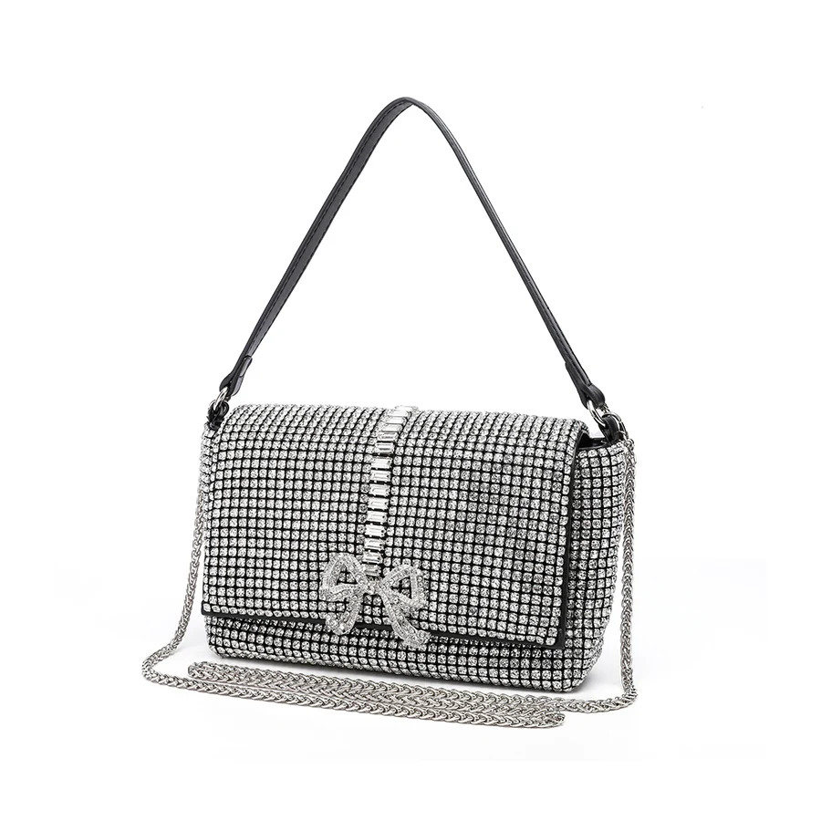 Glitter Metal Bow Knot Clutch Purse For Wedding Party Women Flip Handbag Crystal Rhinestones Evening Bag Chains Shoulder Bag Sac
