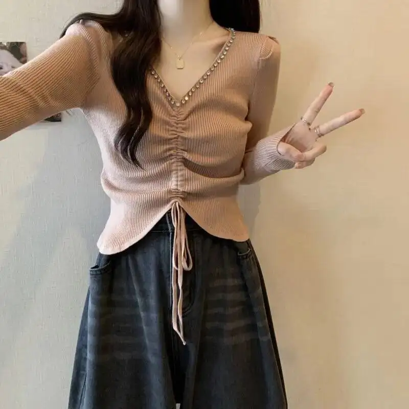 

Женские корейские модные футболки со стразами на шнуровке Y K Chic Sweet Sexy Slim Tees с v-образным вырезом и длинным рукавом, однотонный вязаный топ в рубчик