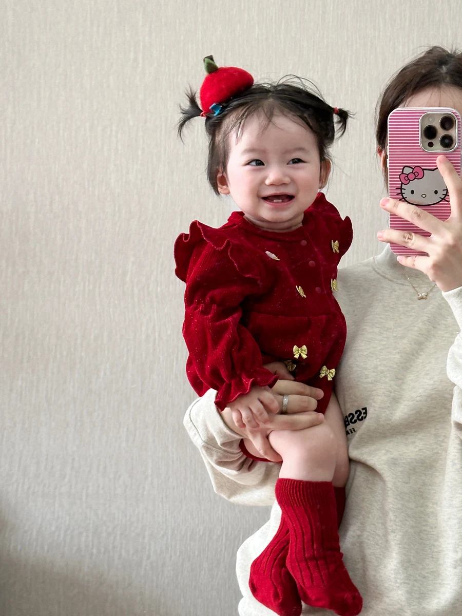 Fall Baby Red Chenille bow long sleeved jumpsuit New Baby Darling 100th full moon festive climbing outfit