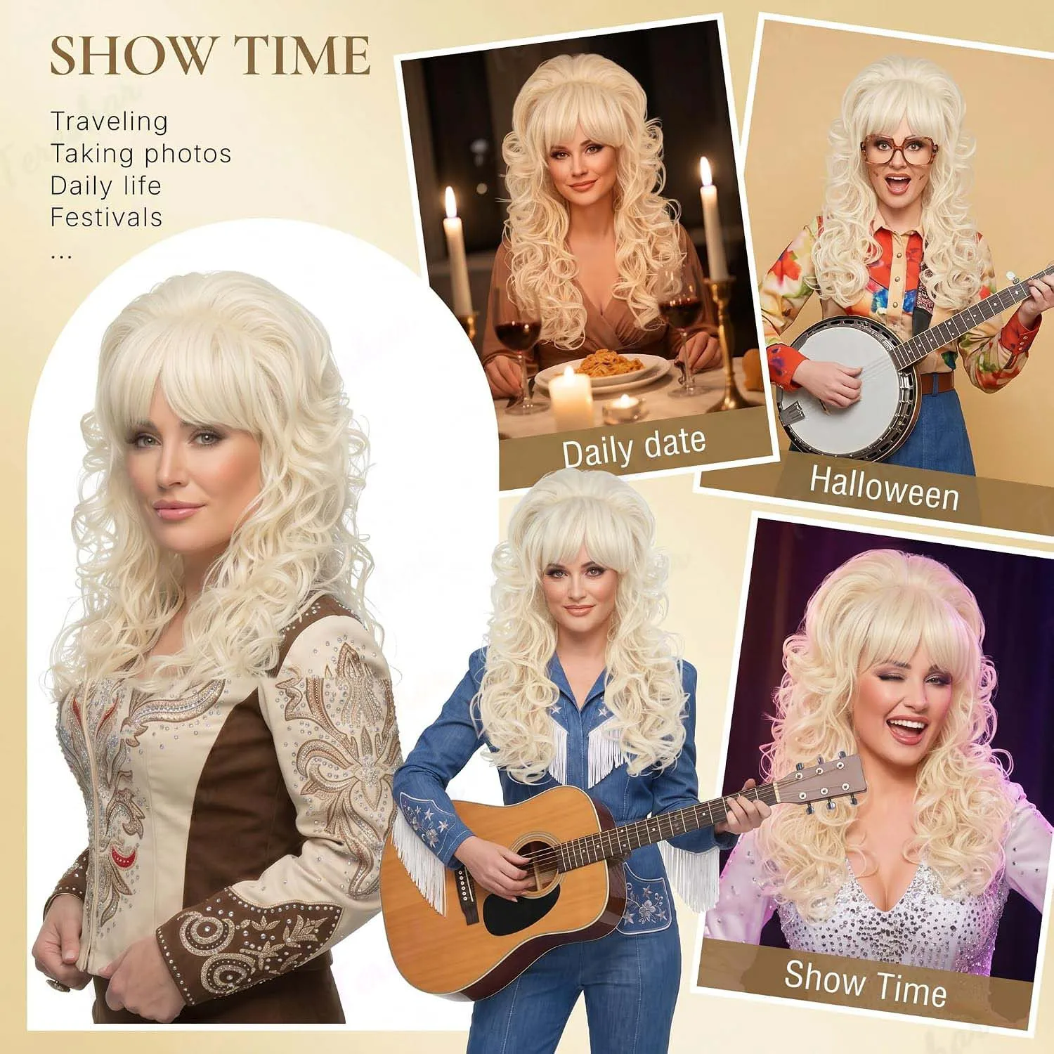Synthetic Blonde Bouffant Wig,Multi-colored 60s 70s Disco Party Halloween Vintage Beehive Wigs for Drag Queens or Dolly Parton