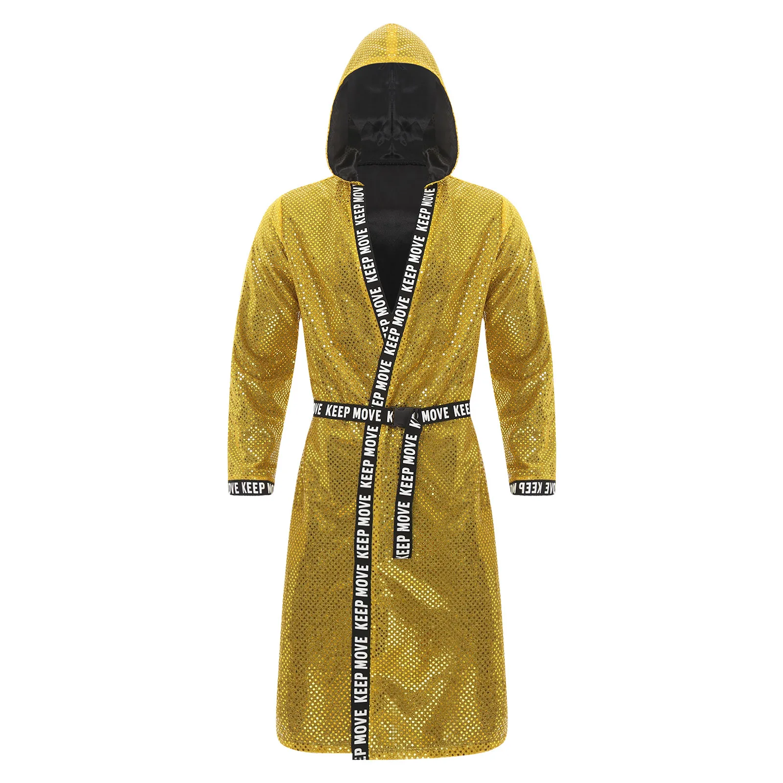 Men Shiny Sequins Boxing Robe Nightgown Sleepwear Adult Hooded Long Sleeve Boxing Robe With Belt Loose Cover Up Bathrobe Robe