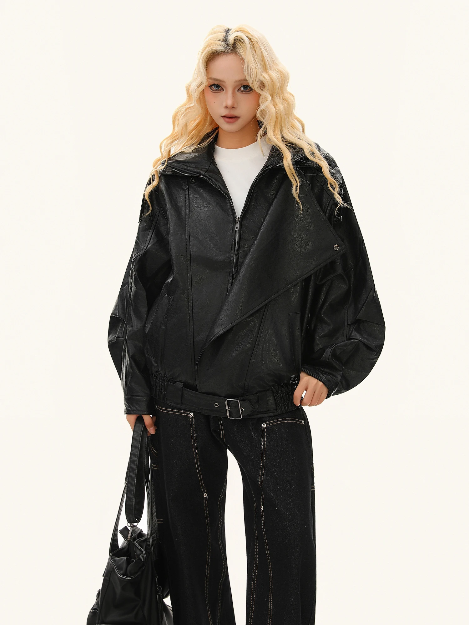 

Retro American Stand Collar Jaet Loose PU Leather Men's Women's Lazy Sle Motorcycle Wind Coat Long Sve Zipper Closure