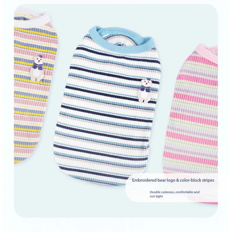 

Pet spring and summer elastic striped embroidery patchwork outer vest for teddy bears, schnauzers, and bichon frisé puppies.
