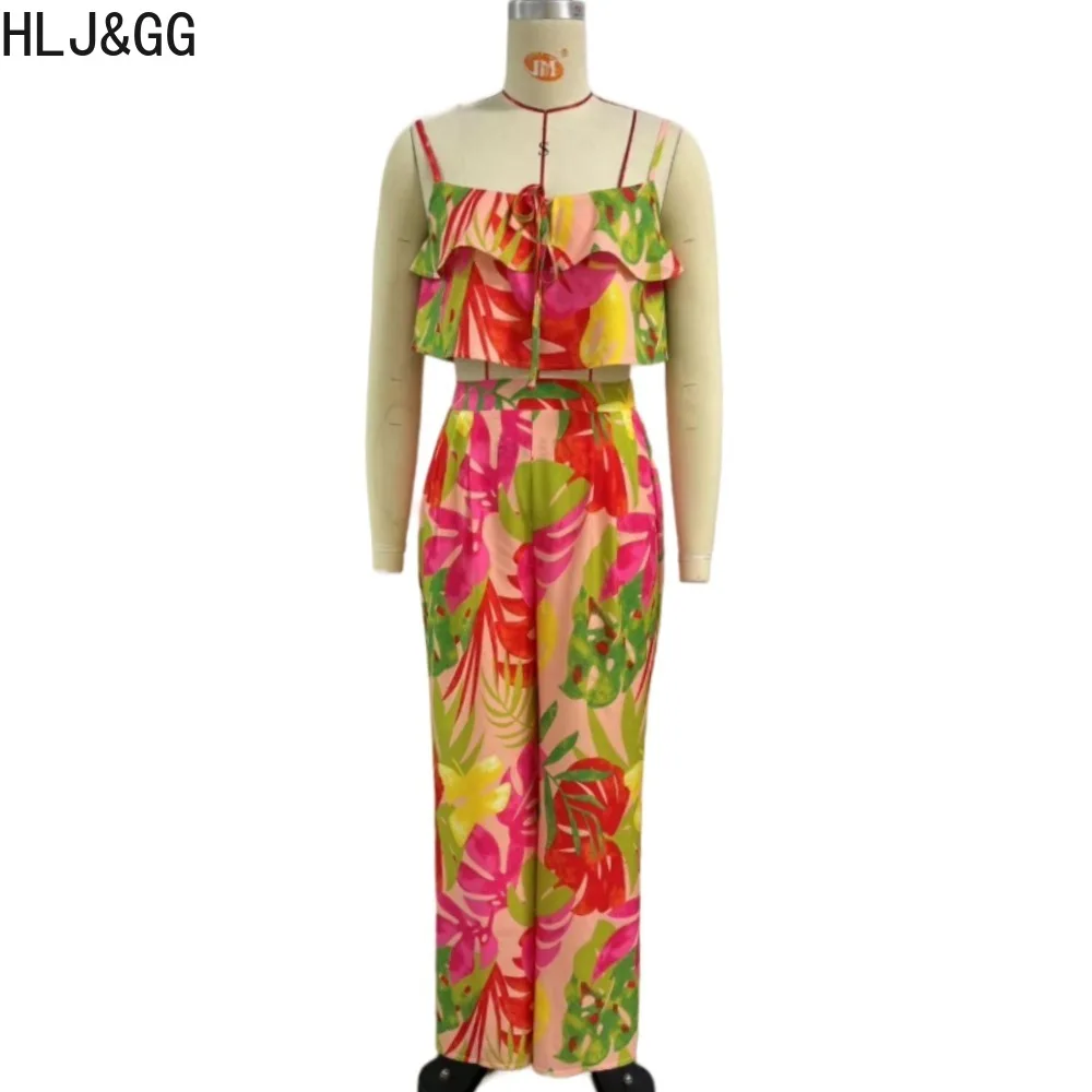 HLJ&GG Fashion Flowers Print Wide Leg Pants 2 Piece Sets Outfits Women Thin Strap Ruffle Crop Tank Tops And Straight Pants Suits