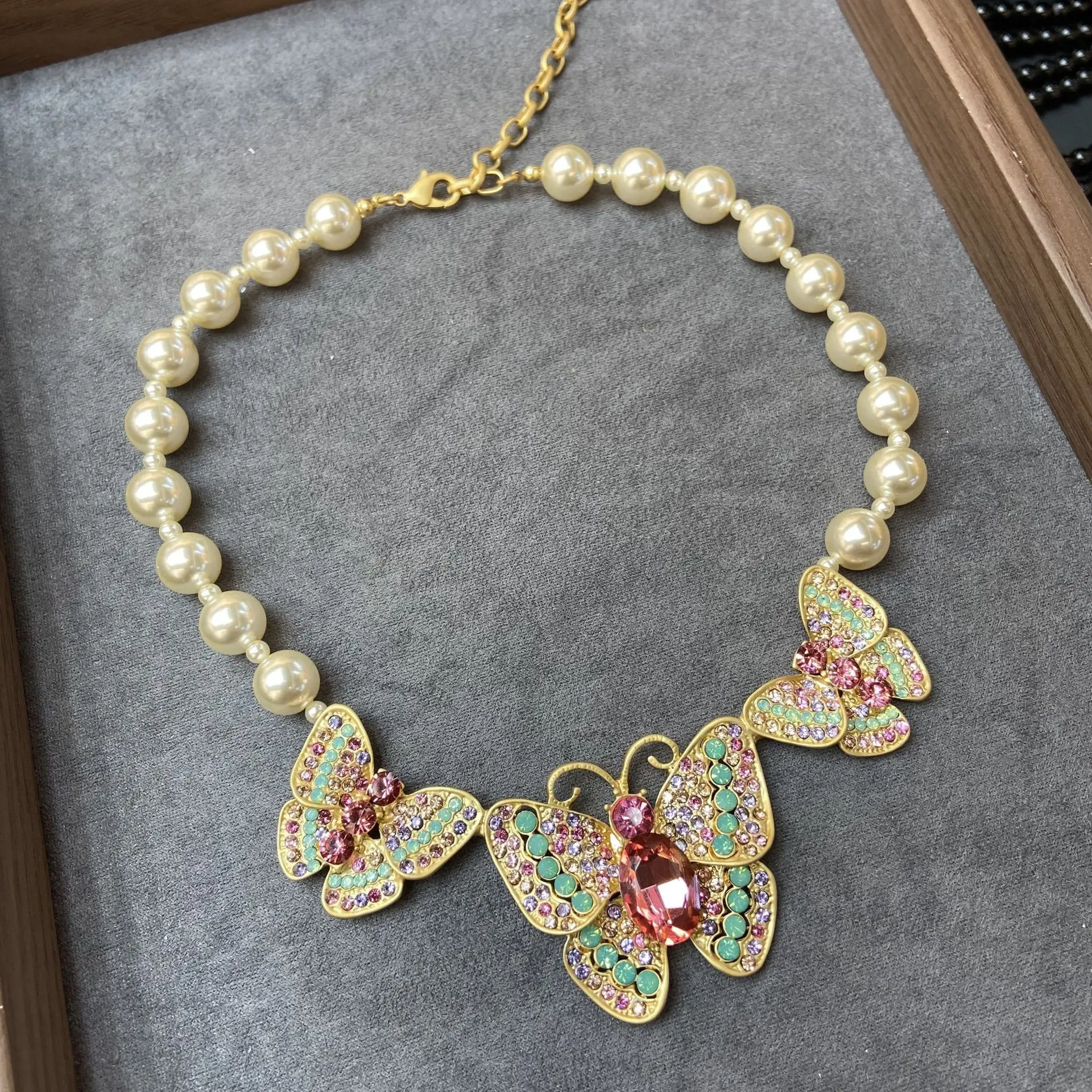 Women Vintage Copper Plated Real Gold Butterfly Pearl Necklace Earrings 2024