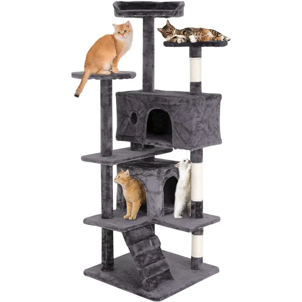 

53.9in Tall Indoor Cat Tree Tower with Multi-Level Play, Sisal Scratch Post, Condo, Ladder, Plush Toy, Light Gray