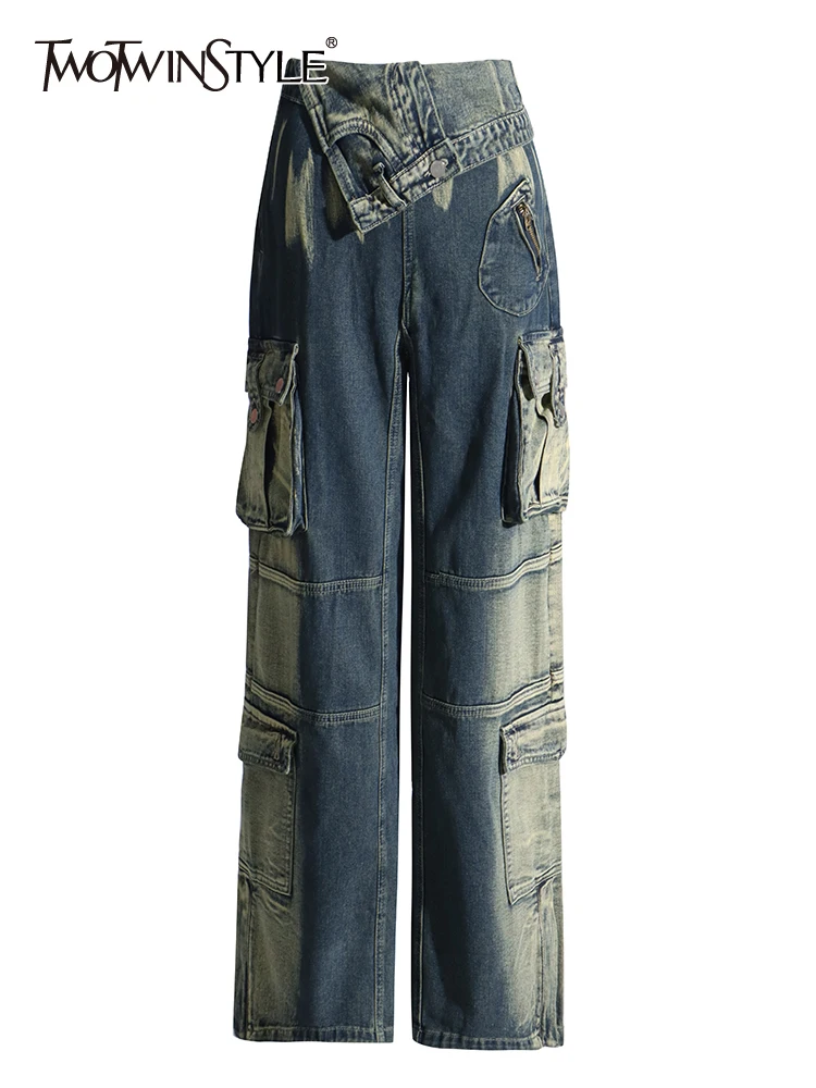

TWOTWINSTYLE Spliced Pockets Cargo Jeans For Women High Wiast Full Length Patchwork Pockets Streetwear Pant Female Fashion 2023