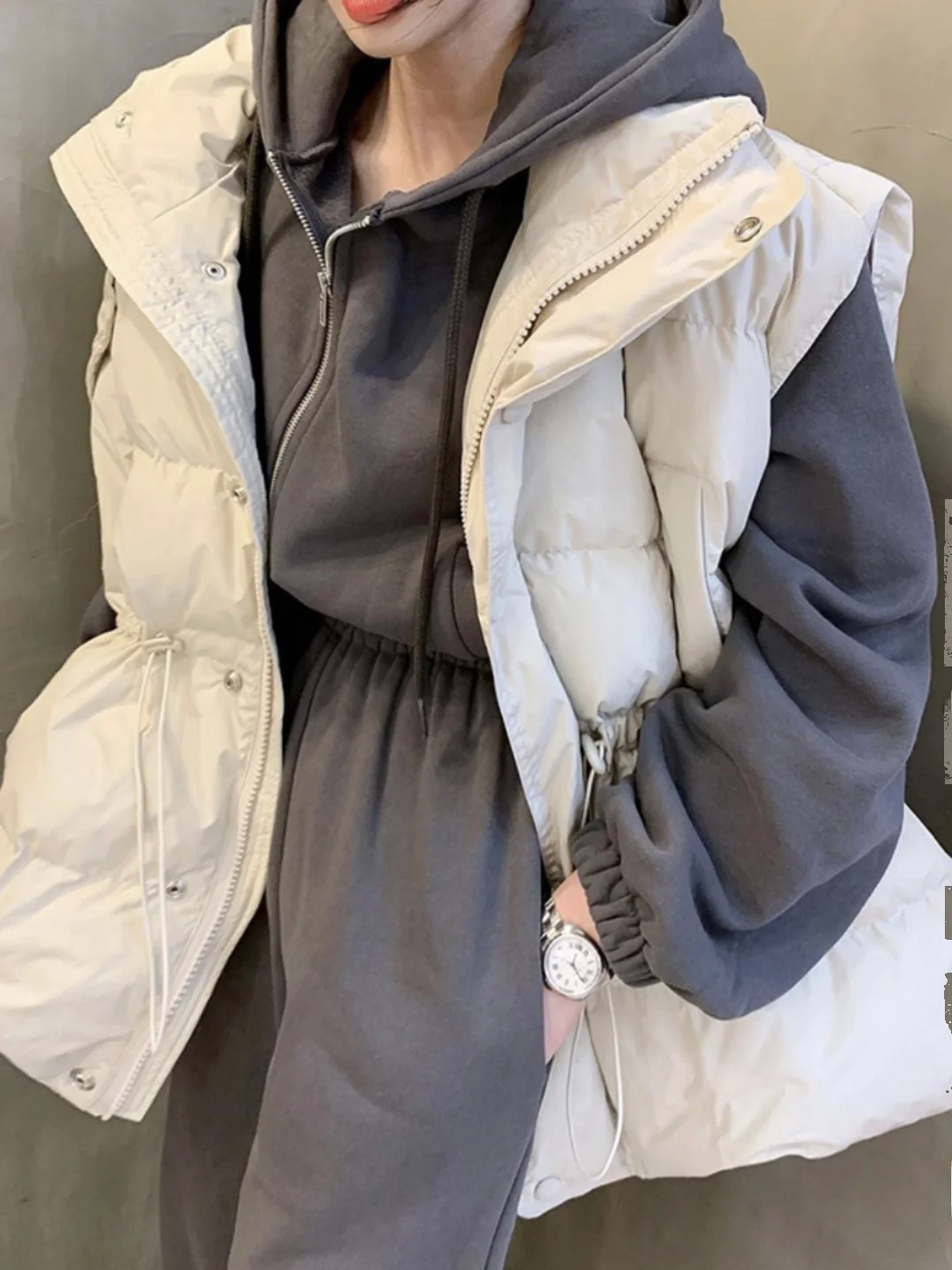 Women's Bread Style Jacket Stand Collar Loose Slimming Drawstring Waist Zipper Warm down Cotton Vest Shoulder Pad Coat