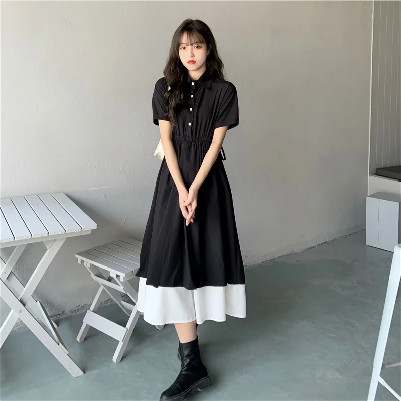 

Women French Solid Color Long Dress Summer Retro Short Sleeve Casual Vestidos Female Loose Buttons A-line Dresses U152