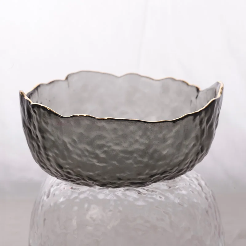 Japanese Style Gold Edged Irregular Glass Bowl Salad Hammer Pattern Bowl Household Instant Noodle Bowl