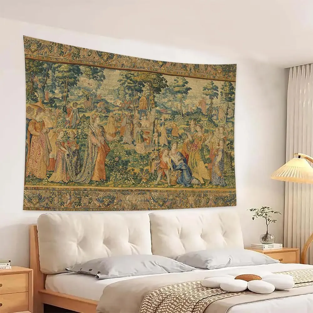 Antique Court Garden Tapestry, Renaissance Style Figures in Ornate Gowns & Floral Border Print Wall Hanging for Bedroom Decor
