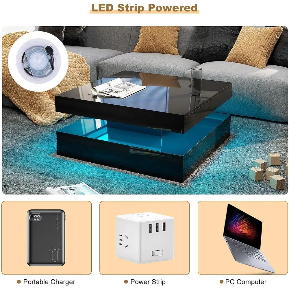 طاولة قهوة LED سوداء معاصرة لمساحات المعيشة، طاولة مركزية مربعة مزدوجة المستوى لغرف المعيشة، خشبية قابلة للتخزين C