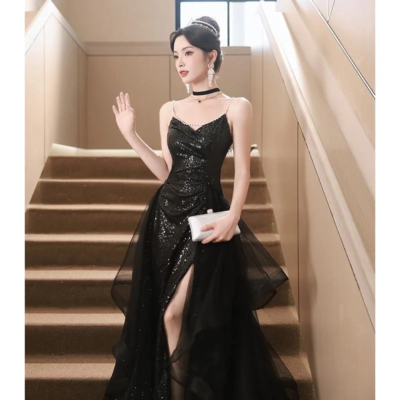 Black banquet evening dress for women new temperament dinner dress