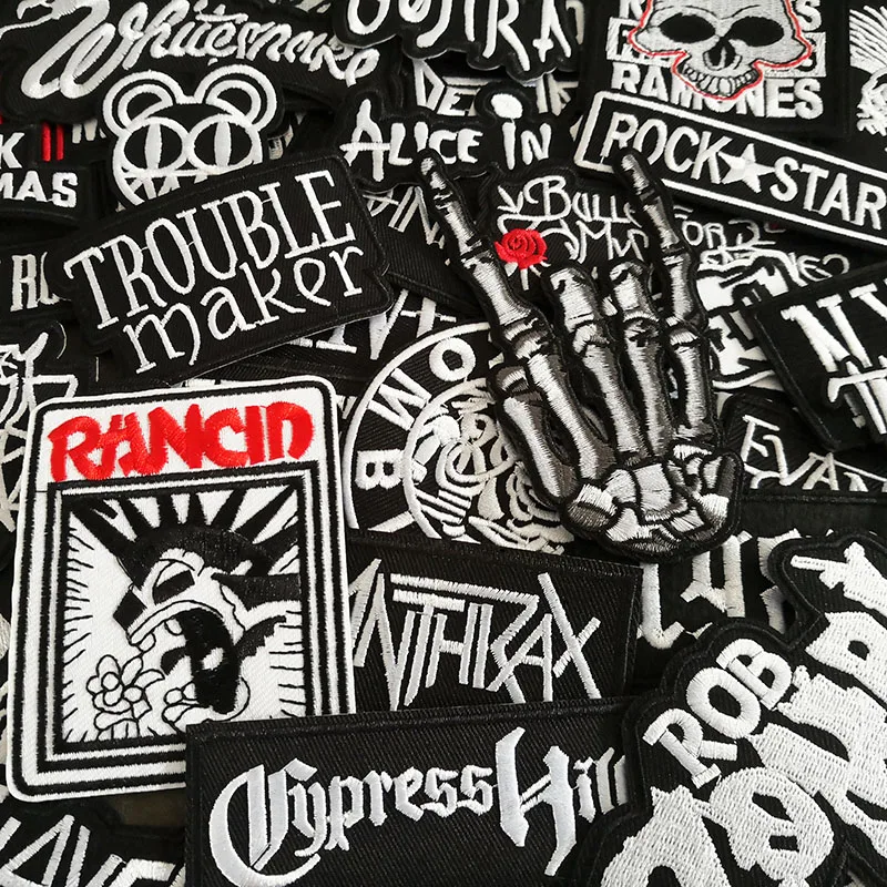 50pcs/lot Rock Band Music Patches Iron on for Clothing Punk Badges Appliques Stripes Jacket Jeans DIY Embroidery Stickers