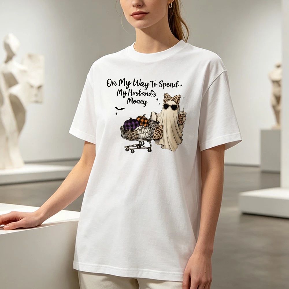 On My Way To Spend My Husband's Money T-Shirt Halloween Ghost Women Shirt Leopard Ghost Tee Ghost Coffee Shirt Funny Fall Tops