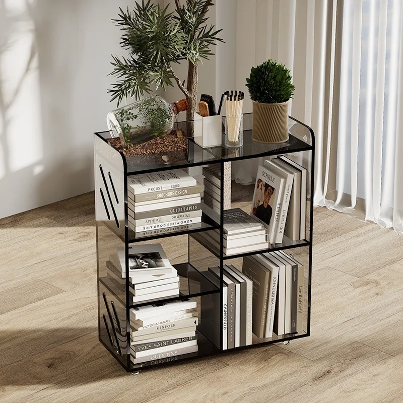 Minimalist light luxury acrylic mobile bookshelf, wheeled cart shelf, floor-to-ceiling reading, storage rack next to home desk