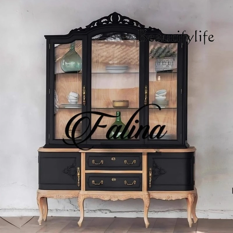 

French side cabinet integrated with wall, living room partition solid wood wine cabinet display cabinet customization